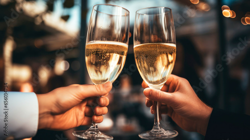 close shots two people holding champagne glasses and toasting