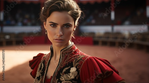 A Beautiful Spanish Woman Matador in Traditional Attire