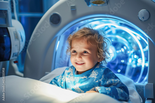 A young child patient undergoing a radiology procedure in a medical setting.