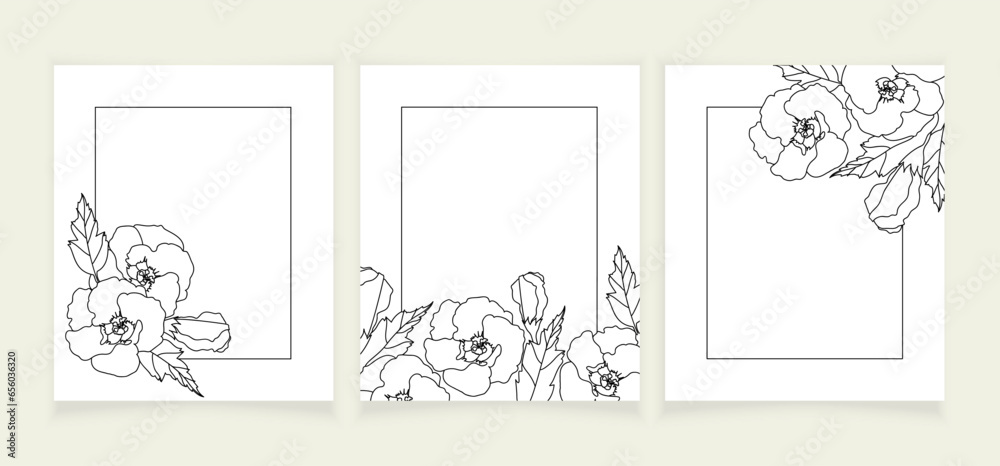 Frame with Hibiscus flowers. Flowers branch with frame isolated on a white background. Set of three rectangle frame with flowers. Line art.	