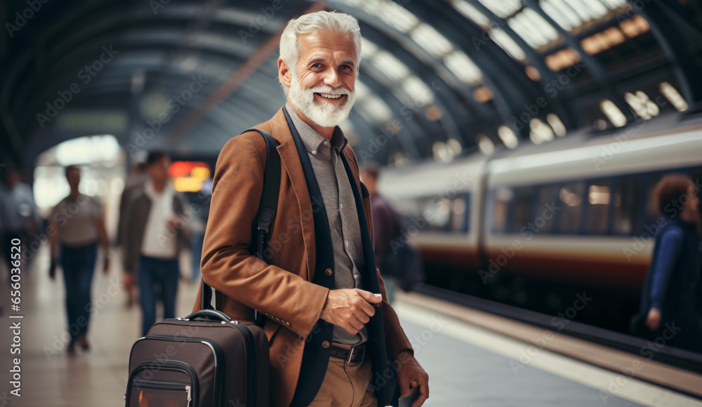 Fototapeta premium Senior smiling professional with luggage waiting at subway or train railway station platform