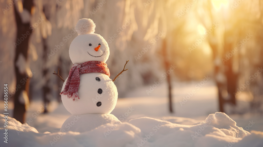 Obraz premium A snowman in a snow-covered landscape amidst winter scenery. Ornate snowman in white snow landscape under daylight. Scene of the magic and delicacy of the season.