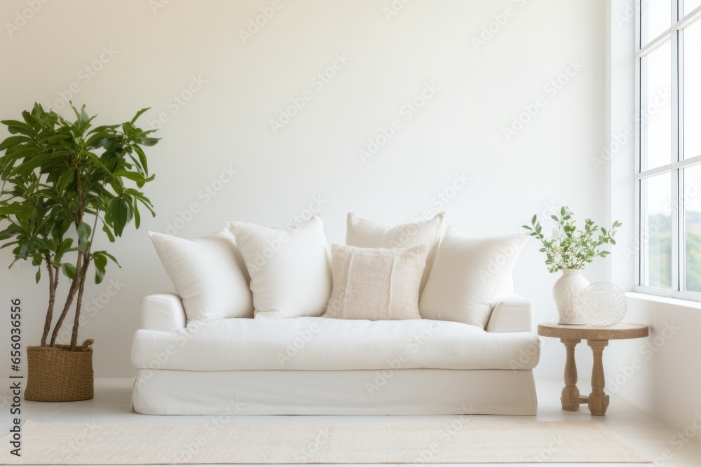 Fototapeta premium Bright Light white Tone Color Living Room Sofa with White Cream Color Pillow Cases Generative Ai