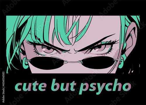Gothic anime girl personage with green hair wearing sunglasses. Vector illustration for t-shirt, poster or cover design.