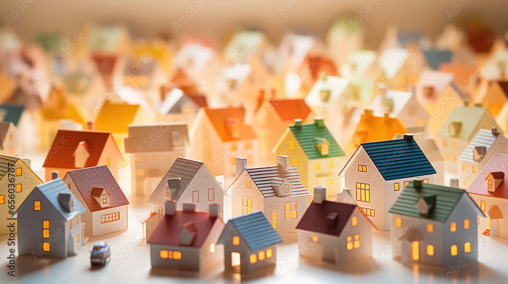 paper art of cute tiny houses area, vivid colors with bokeh background and tilt-shift effect. generative ai