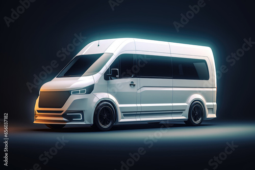 Modern white tuned sporty passenger van front left side corner angle view, in dark studio background with copy space