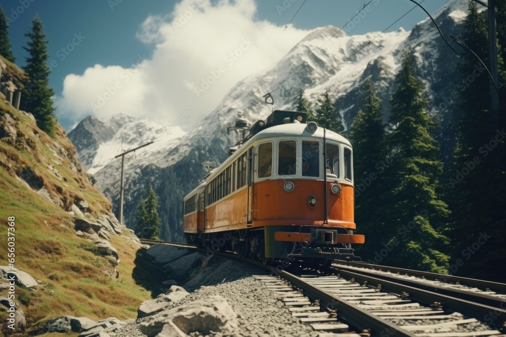 A picture of a train traveling down train tracks next to a majestic mountain. This image can be used to depict travel, adventure, transportation, or scenic landscapes.