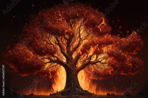 Burning tree in the forest. Fire in the forest