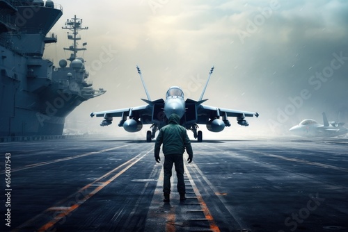 A man is seen standing in front of a fighter jet on an aircraft carrier. This image can be used to depict military operations, aviation, or the power of modern technology.