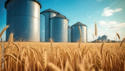 Wheat field with silos. agricultural production storage. agricultural concept. Copy space for text, advertising, message, logo