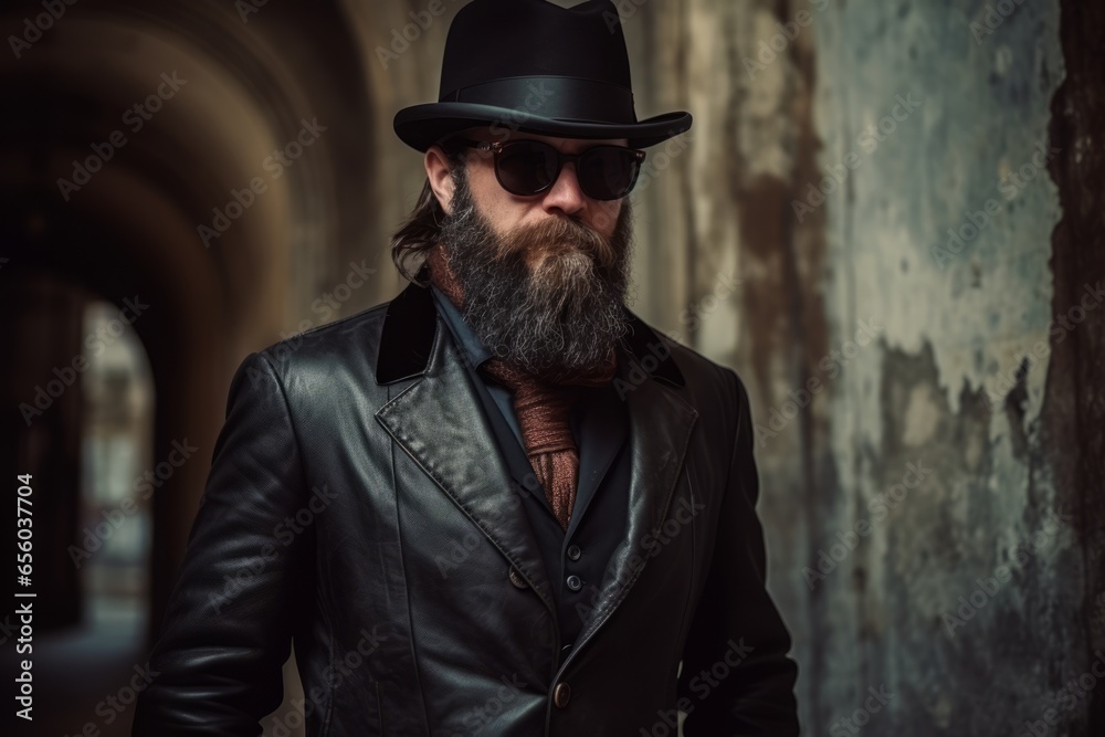 Portrait of a stylish man with a long beard and mustache wearing a leather jacket and hat. Portrait of a stylish man with a long beard and mustache wearing a leather jacket and hat.