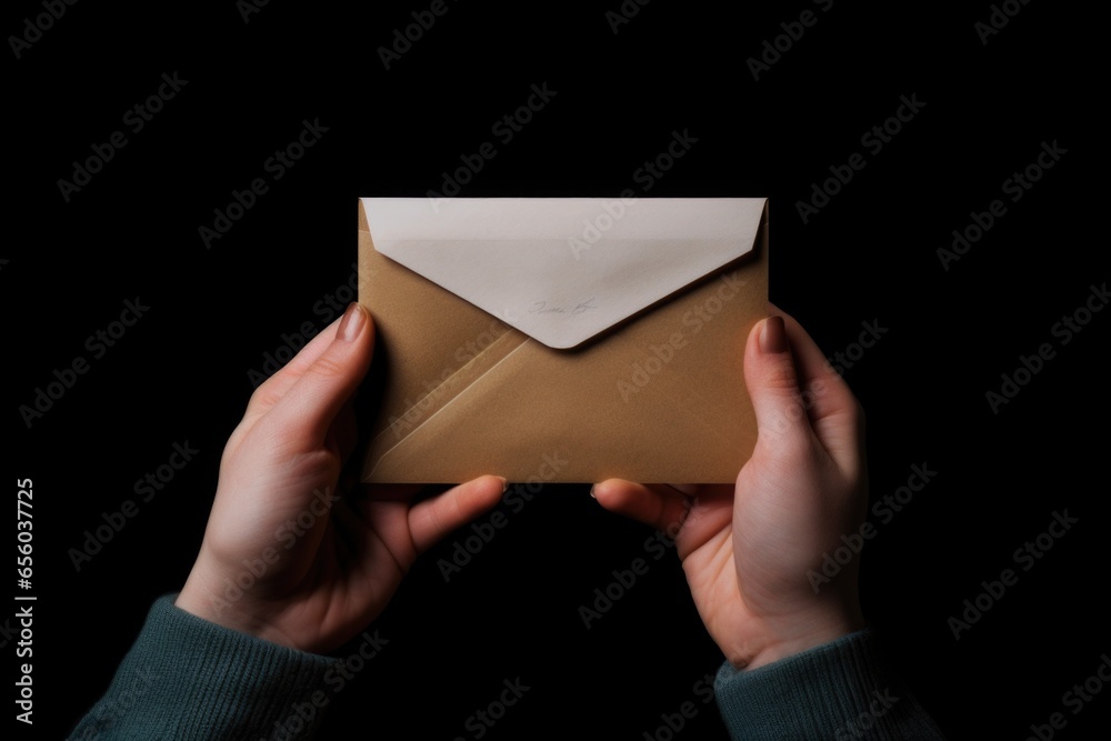 A person holding an envelope in their hands. This image can be used to depict communication, correspondence, or sending and receiving mail. A person holding an envelope in their hands. This image can be used to depict communication, correspondence, or sending and receiving mail.