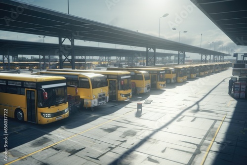 A group of yellow buses parked in a parking lot. This image can be used to depict transportation, school buses, public transportation, or a busy parking lot scene. photo