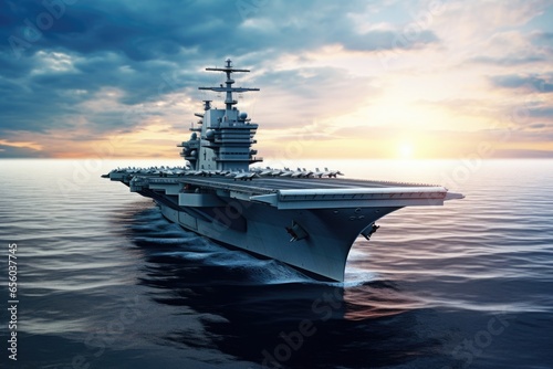An image of an aircraft carrier located in the vast expanse of the ocean. This picture can be used to depict naval operations, military power, or the vastness and isolation of the open sea.