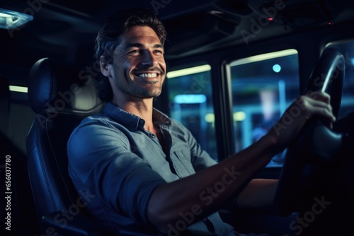 A man is seen smiling while driving a bus at night. This image can be used to depict a happy and confident driver in a nighttime transportation setting. © Fotograf