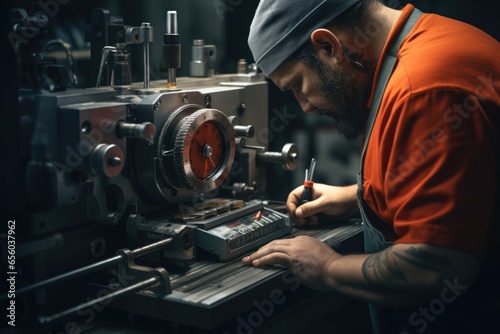 A man in an orange shirt is seen working on a machine. This image can be used to depict a person engaged in manual labor or working with machinery.