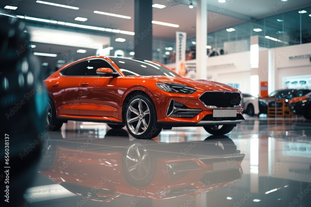 An orange car parked in a showroom. Ideal for automotive industry promotions and car dealership advertisements. - obrazy, fototapety, plakaty 