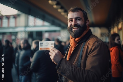 A man with a beard holding a business card. This image can be used for professional networking or business communication purposes.