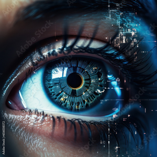 An eye scanning and processing cyberdata about surrounding world. Artificial intelligence innovations concept.