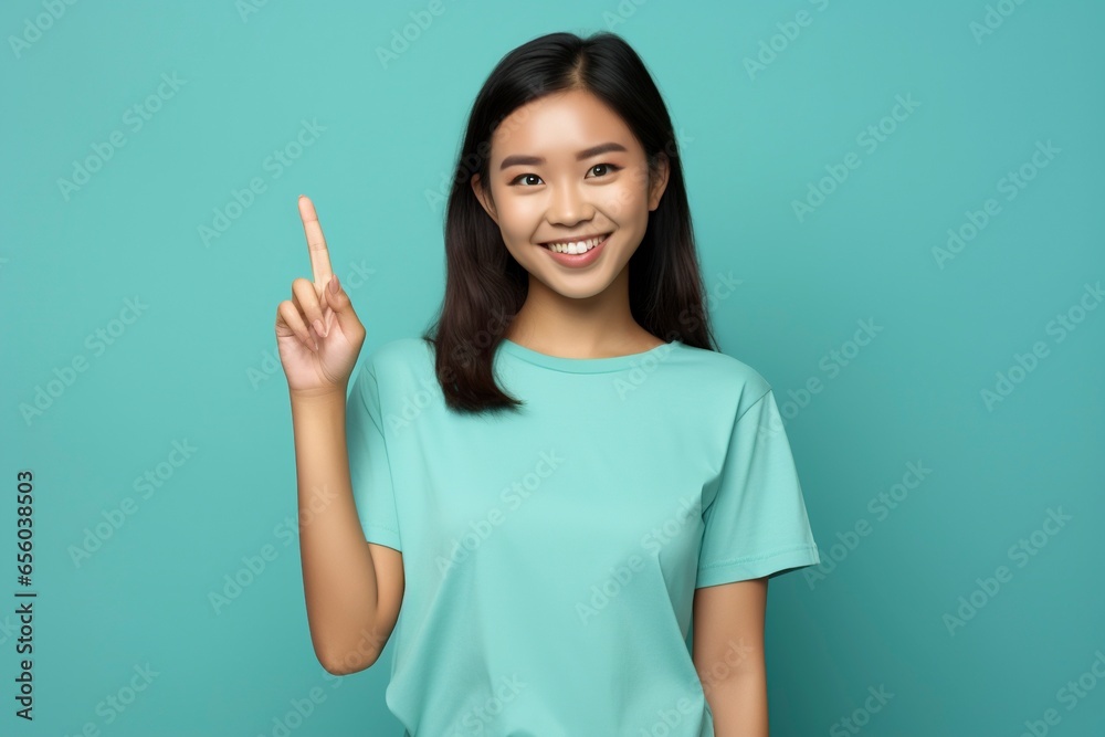 Asian person wearing a modern t-shirt, giving information, index hand pointing to the left, beautiful face, smiling, generative ai Asian person wearing a modern t-shirt, giving information, index hand pointing to the left, beautiful face, smiling, generative ai