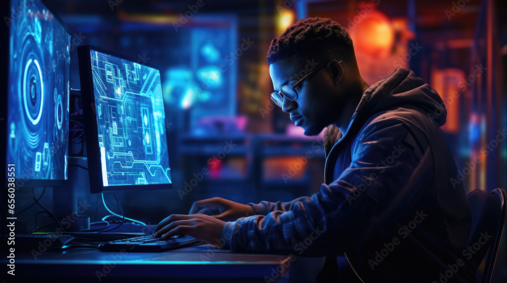 Black man working at a computer in neon lights, hacker, secret work, network hacking - obrazy, fototapety, plakaty 