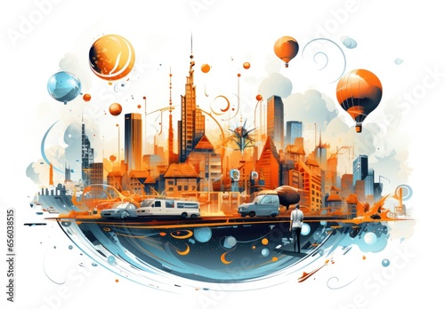 Skyscrapers. Town. The concept of the city of the future. Contemporary abstract geometric art of buildings. Digital art in watercolor style. Illustration for banner, card, cover, ad or presentation.