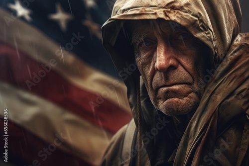 A man wearing a hooded jacket stands proudly in front of an American flag. This image can be used to represent patriotism, national pride, or American culture.