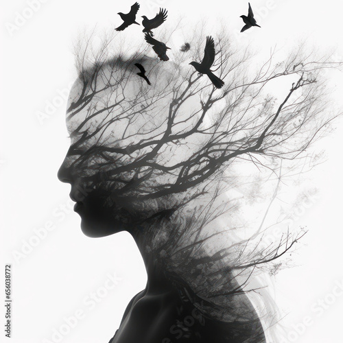 Woman's head made from dry grey tree branches and black birds. Woman's depression concept. 