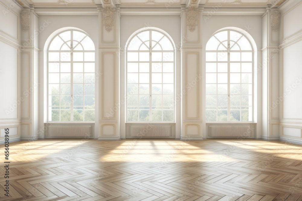 Bright Empty Room Hall with large Arch Windows and Parque floor