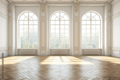 Bright Empty Room Hall with large Arch Windows and Parque floor