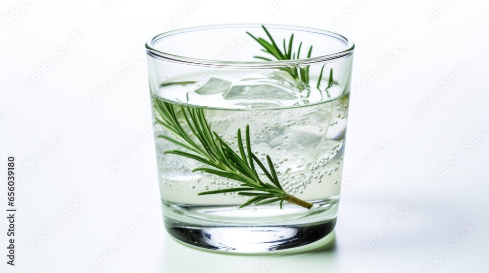 Glass of fresh water with rosemary and ice cubes on white background Glass of fresh water with rosemary and ice cubes on white background