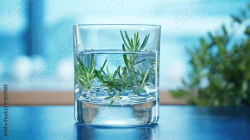Glass of water with fresh rosemary on blue table, closeup