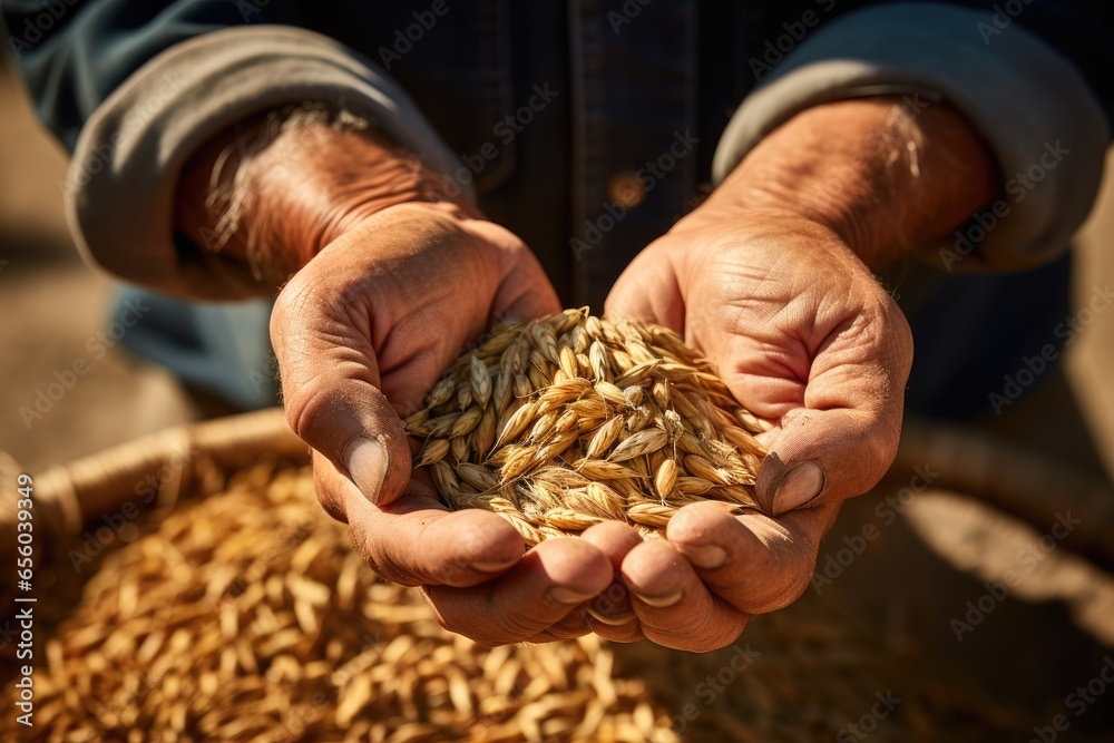 Close up hands of old farmer holding wheat crop - obrazy, fototapety, plakaty 