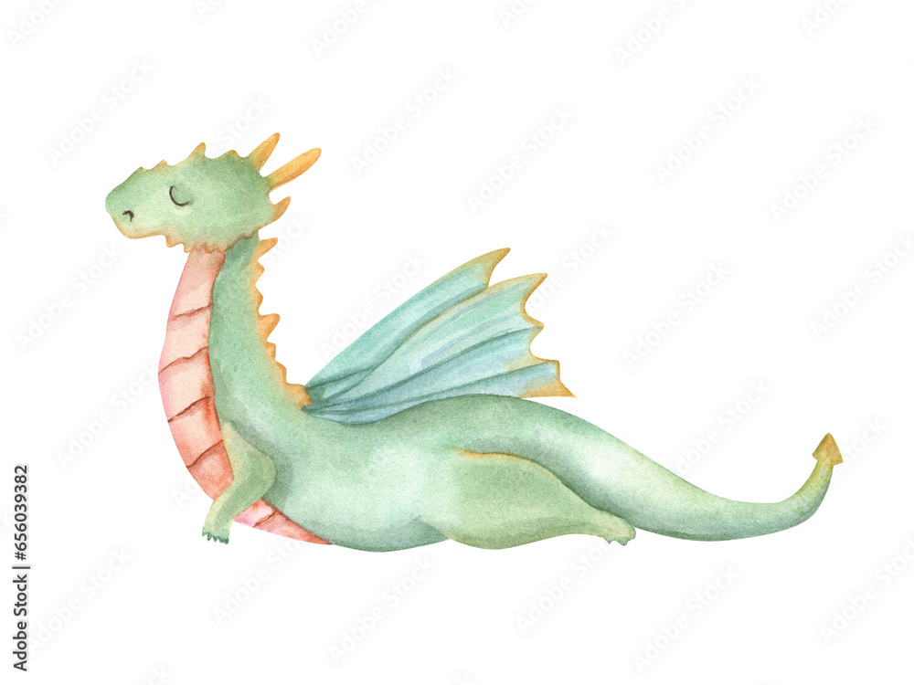 Obraz premium Dragon doing stretching. Cute winged animal practicing fitness exercises. Green dragon with wings. Cartoon style. Watercolor illustration. For yoga center