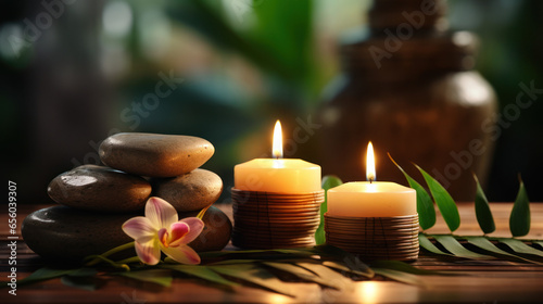 Spa retreat concept: massage stones , candles, orchid flower on a table. 