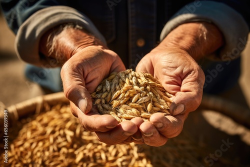 Close up hands of old farmer holding wheat crop