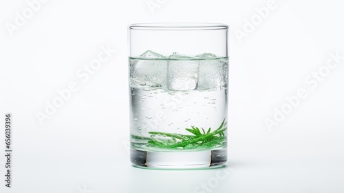 Glass of water with ice and spruce branch on a blue background
