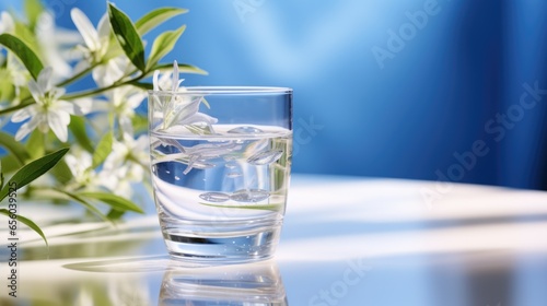 Glass of water with ice and flowers on blue background, closeup