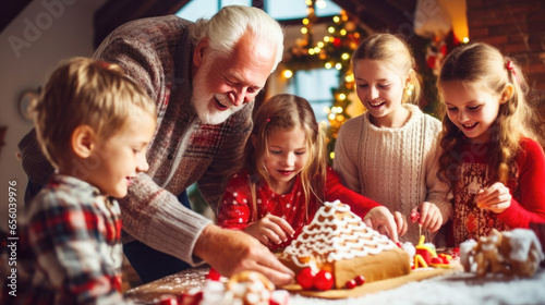 Family Holiday Moments. Christmas time with children, a happy grandfather making a gingerbread house with his grandchildren. Christmas warm home atmosphere.