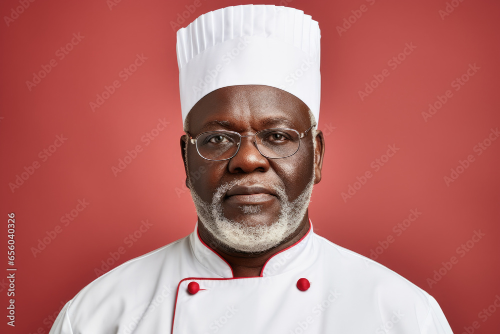 A man wearing a chef's hat and glasses. This picture can be used to represent a professional chef in a kitchen or cooking environment.