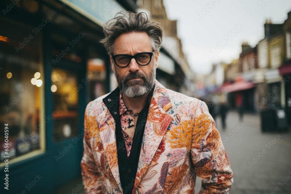 Portrait of a handsome middle-aged man with gray beard and mustache wearing a colorful jacket and glasses in the city Portrait of a handsome middle-aged man with gray beard and mustache wearing a colorful jacket and glasses in the city