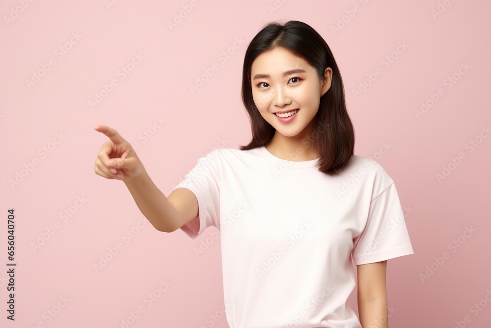 Asian person wearing a modern t-shirt, giving information, index hand pointing to the left, beautiful face, smiling, generative ai Asian person wearing a modern t-shirt, giving information, index hand pointing to the left, beautiful face, smiling, generative ai