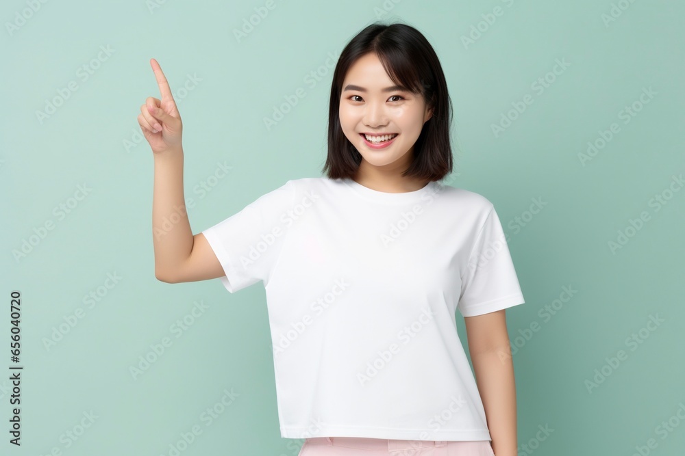 Asian person wearing a modern t-shirt, giving information, index hand pointing to the left, beautiful face, smiling, generative ai Asian person wearing a modern t-shirt, giving information, index hand pointing to the left, beautiful face, smiling, generative ai