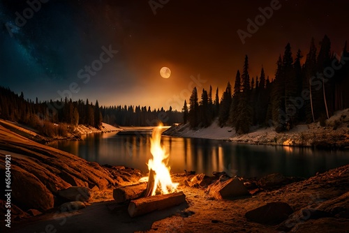 Fire nature campfire night bonfire flame forest outdoors moon and stars in the sky