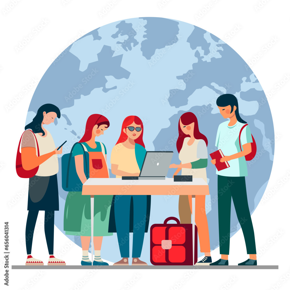 Teamwork, students, startup. Young, smiling people with backpacks. World map background. Vector flat illustration. 