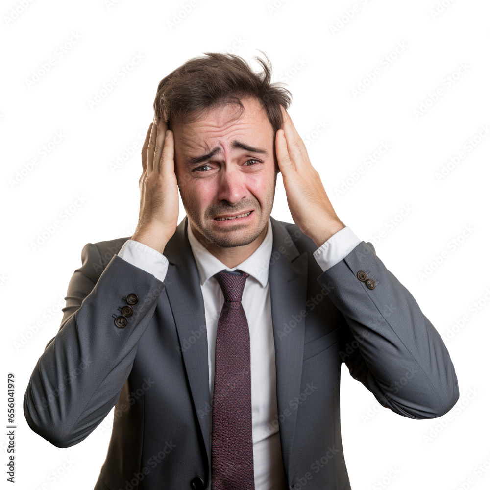 sad businessman is worried and has a headache, png file of isolated cutout object on transparent background. sad businessman is worried and has a headache, png file of isolated cutout object on transparent background.