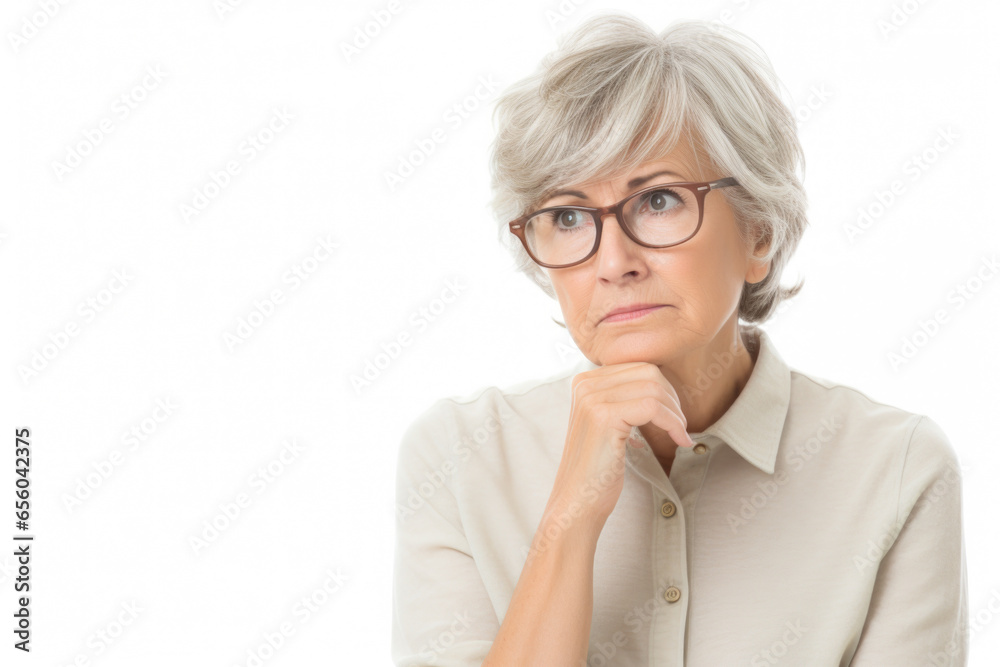 A woman wearing glasses and a white shirt. This versatile image can be used in various contexts.