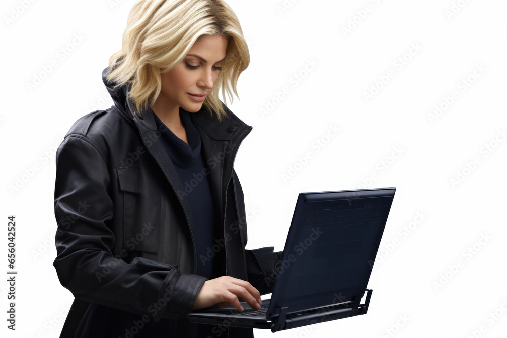 A woman wearing a black coat using a laptop. Suitable for technology, remote work, and business concepts. A woman wearing a black coat using a laptop. Suitable for technology, remote work, and business concepts.