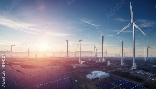 Urban wind and solar power plants are linked to the smart grid.energy distribution, eolic turbine, power plant, transmission of energy, high voltage supply.