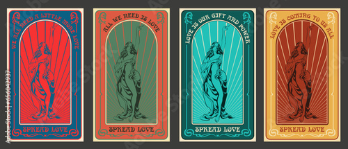 Psychedelic Style Retro Colors Woman Statue Love Lettering Decorative Frame Posters Set